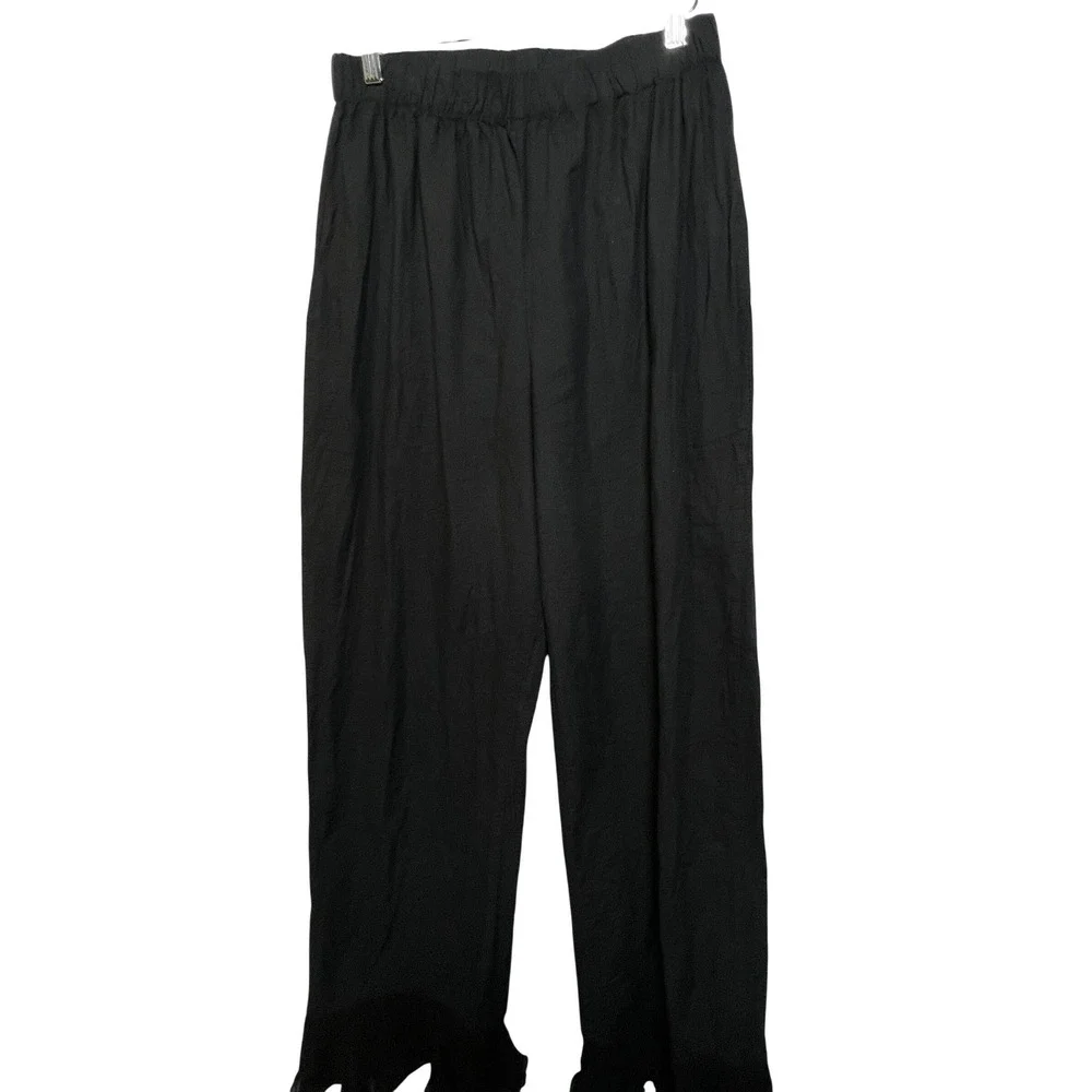 PrettyLittleThing Black Cotton Wide Leg Ruffle Hem Pants Womens Medium
